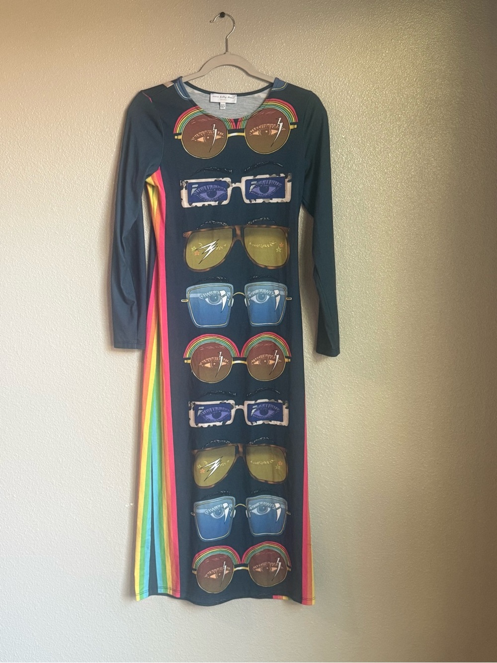 Never Fully Dressed Navy Maxi Dress with Rainbow Stripe & Sunglasses Print